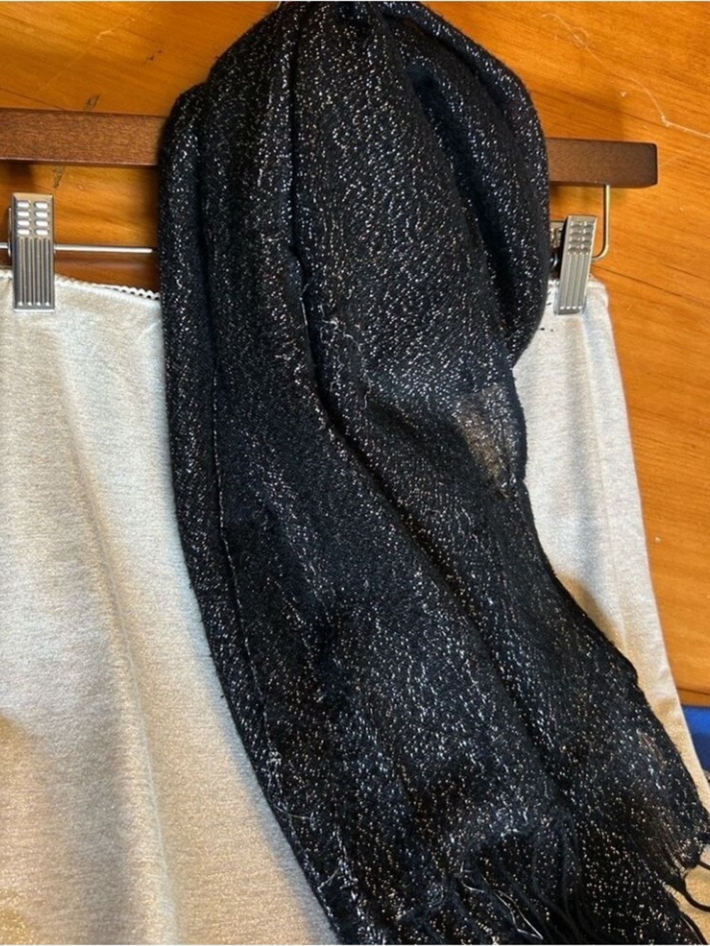 Metallic Black Silver Fringed Scarf